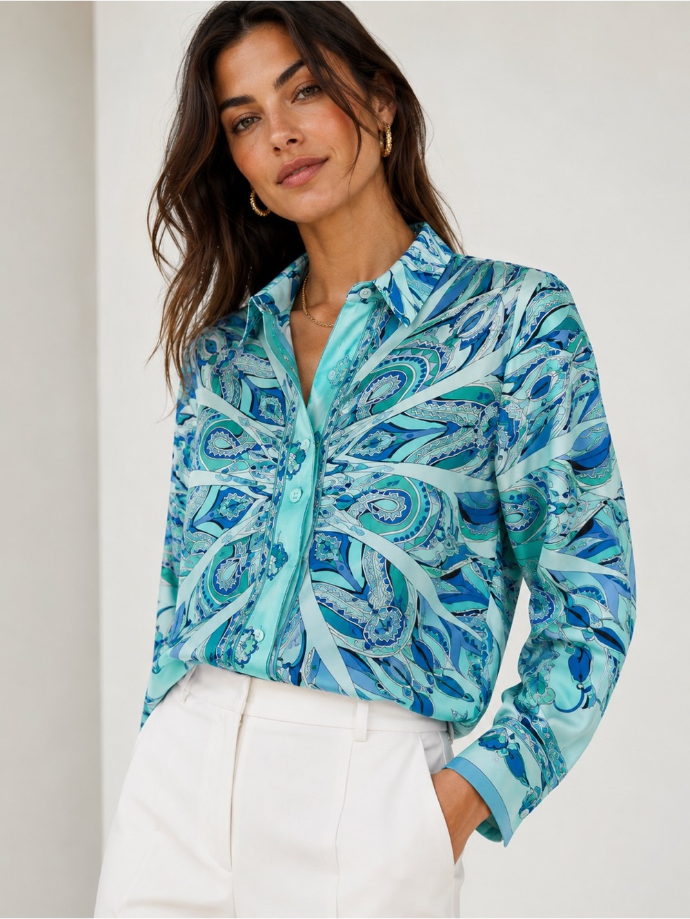 Bessi 100% Silk Abstract Paisley Blouse | Aqua Blue Multi | IT 38 / US 4